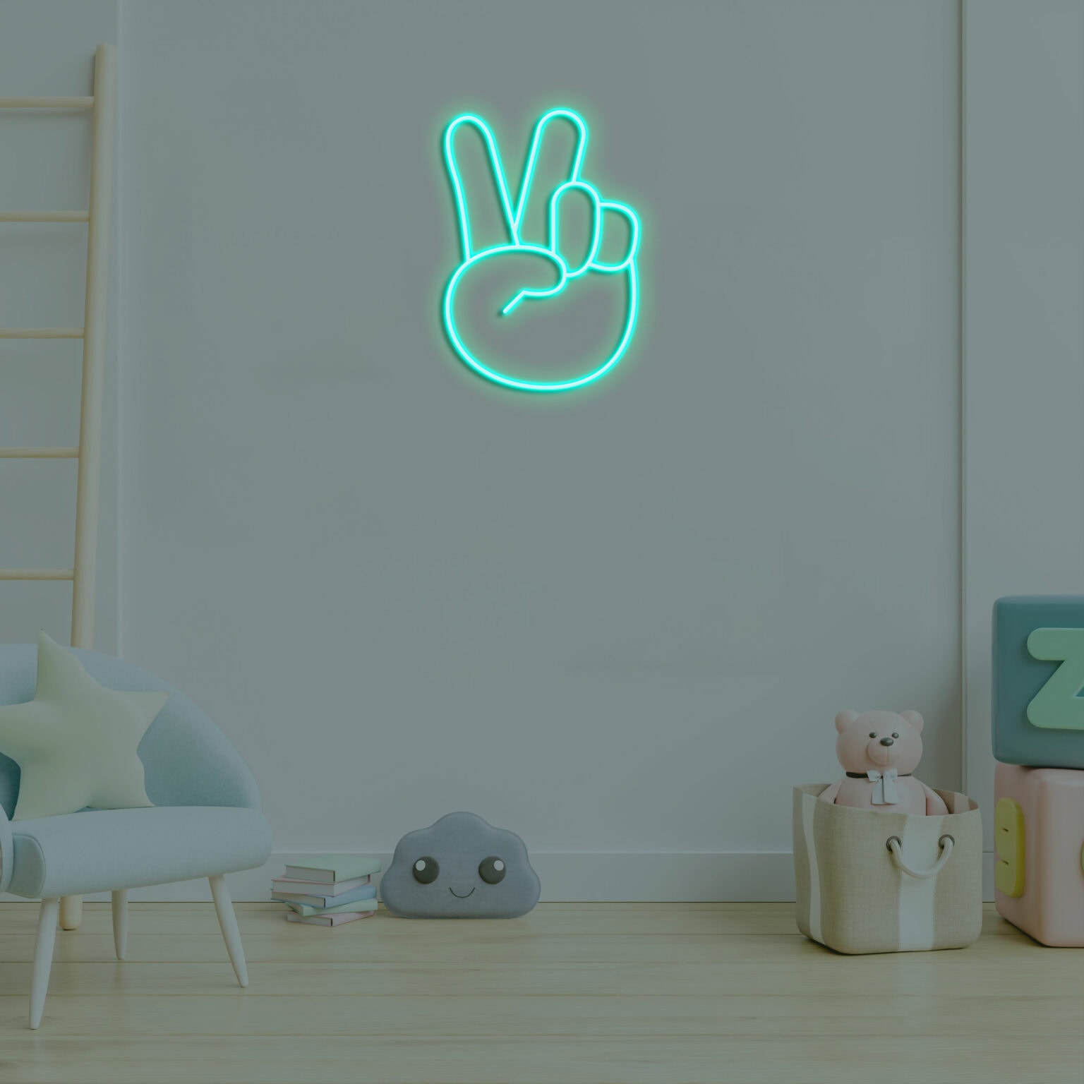 שלא ניאון סימן שלום - peace בצבע טורקיז