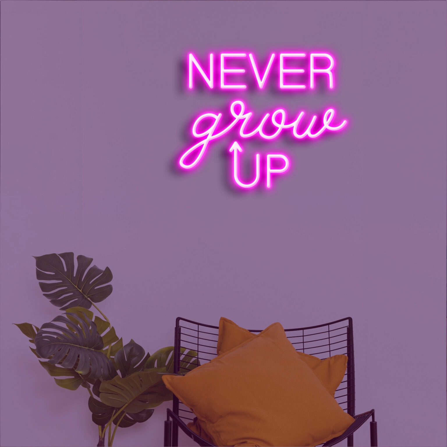 שלט ניאון וייבז צבע ורוד  never grow up לעיצוב הבית, חדרי ילדים, ברים ומסעדות